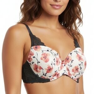 Elegant Floral Lace Trim Bra Grey And Pink 38D